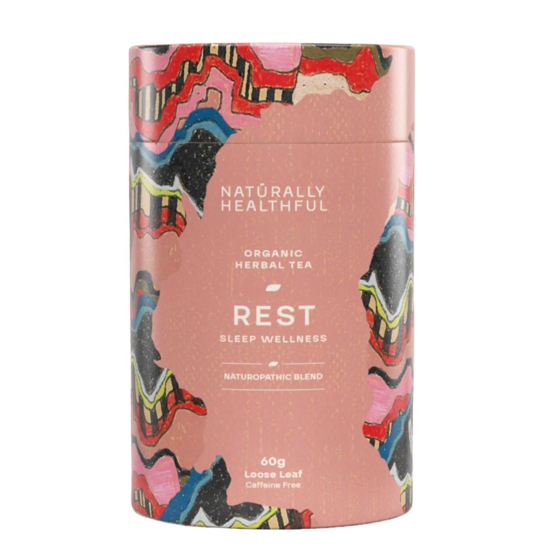 Naturopathic blended tea supporting sleep wellness in a stunning art tube