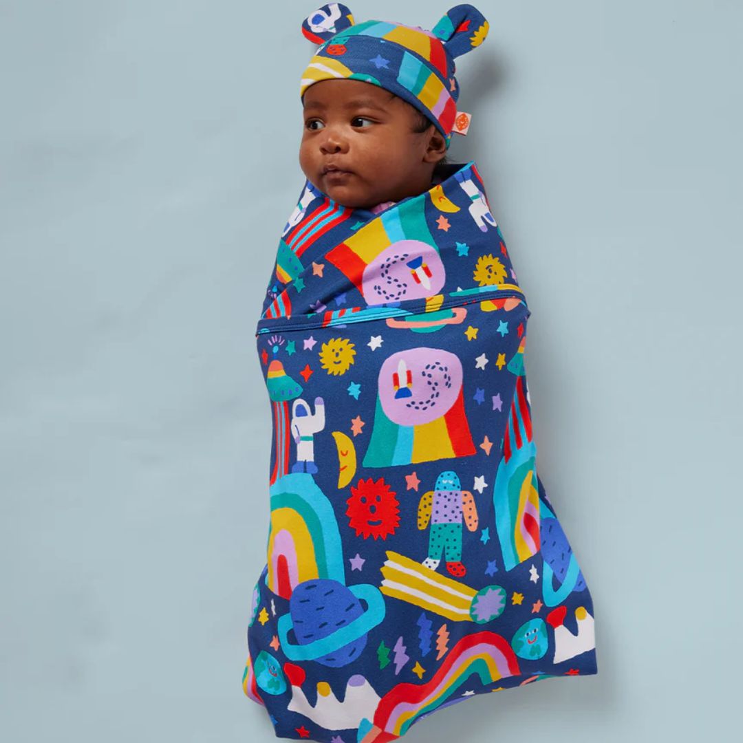 Halcyon Night swaddles are presented in matching print boxes like Rocket Ride.