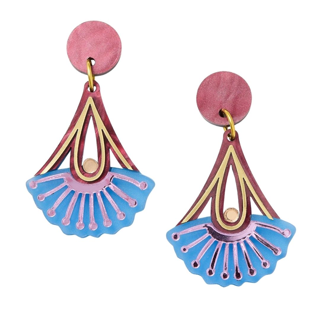 Pair of earrings with plum and blue  floral design on a white background