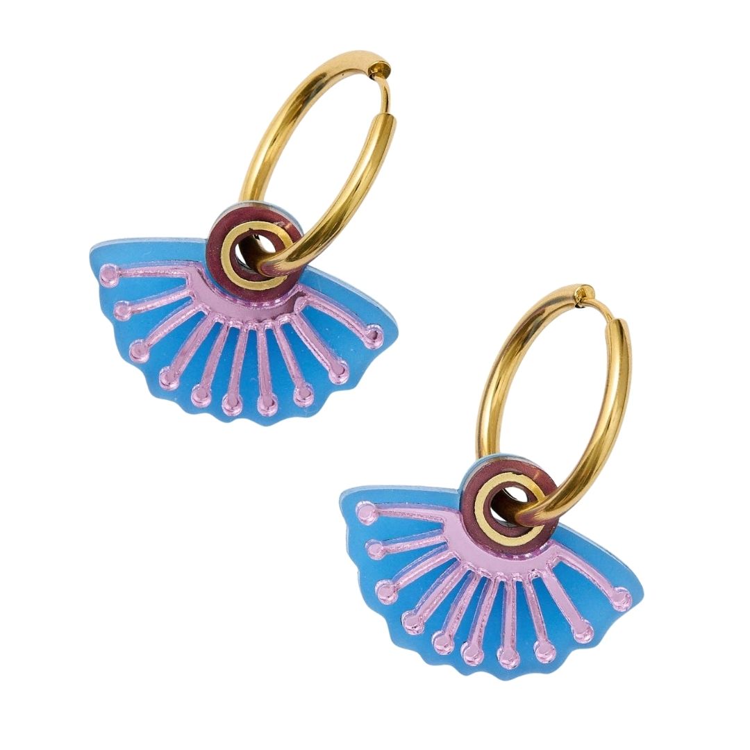 Pair of hoop earrings with blue and pink fan-shaped charms on a white background