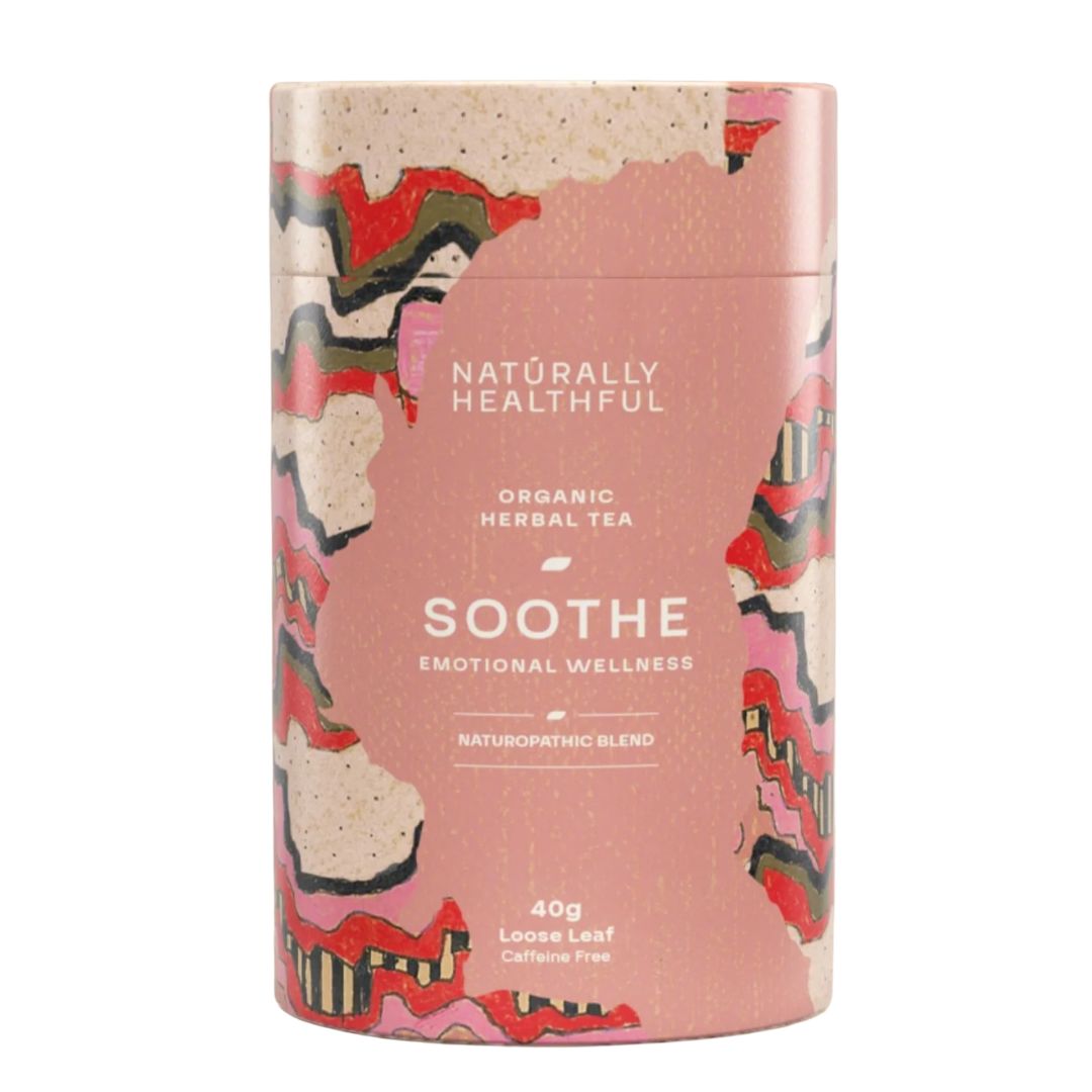 Beautifully designed packaging by Lisa Lapointe. Inside there is a naturopathic blended tea designed to soothe and aid in emotional wellness.