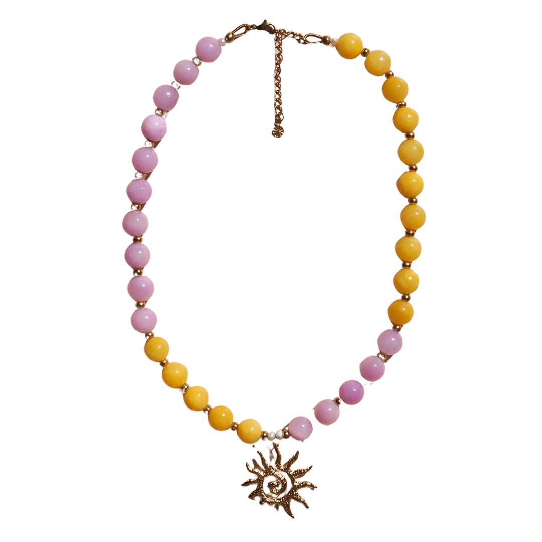 Spiral Sun Pink and Yellow Beaded Gemstone Necklace