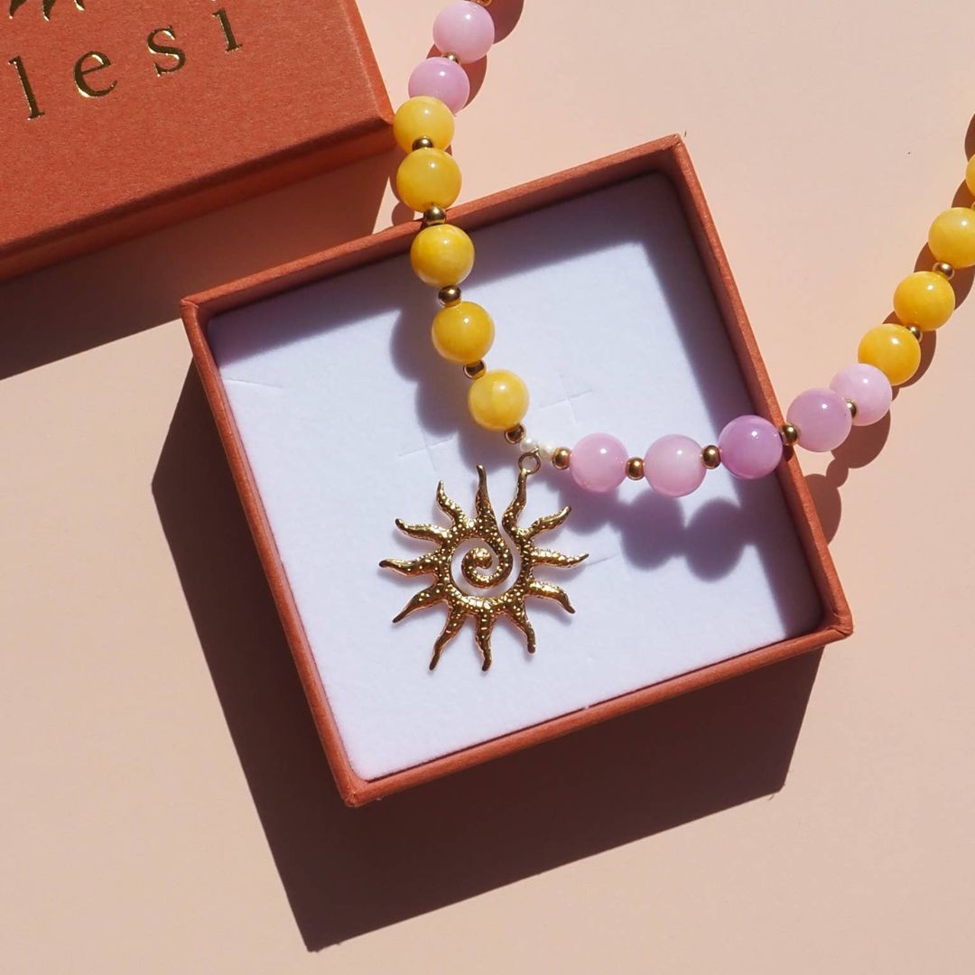 Spiral Sun Pink and Yellow Beaded Gemstone Necklace