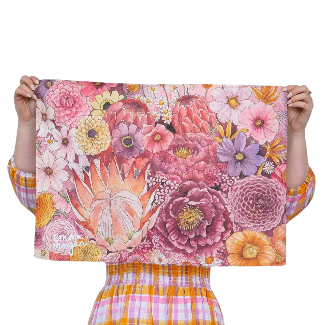 Emma Morgan-This is a hand sewn tea-towel, printed on a cotton/linen blend featuring Emma's dreamy painting "Sweetener"