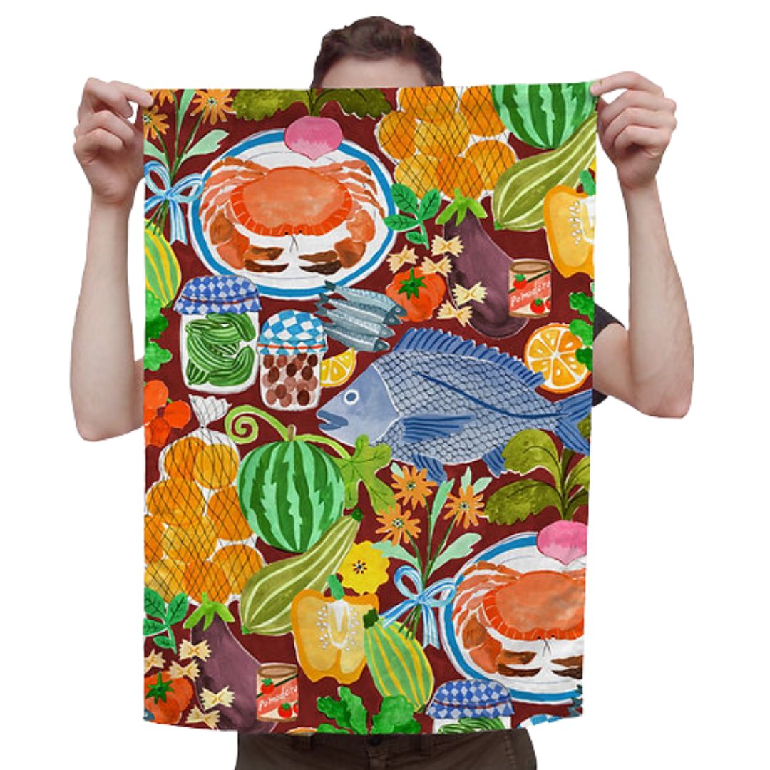 Togetherness depicts the ingredients you can collect at the sunday market in this tea towel