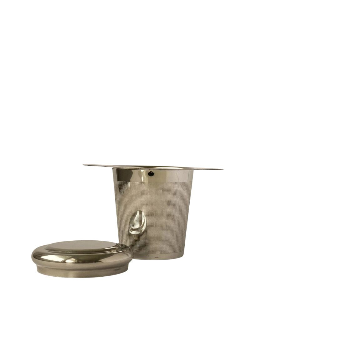 Stainless steel tea infuser with matching lid.