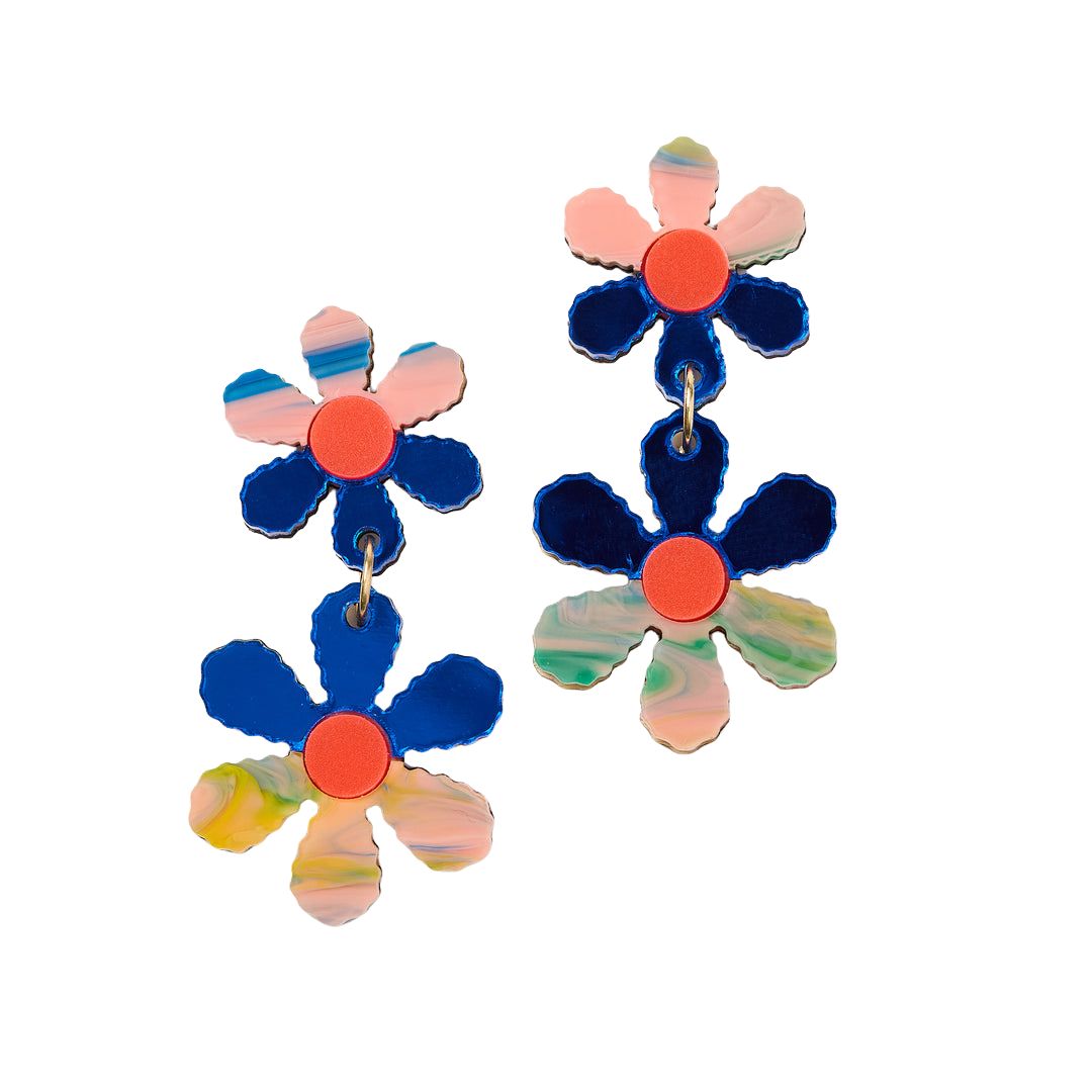 Twin Daisy Chain Earrings - Blue / Peach Watercolour