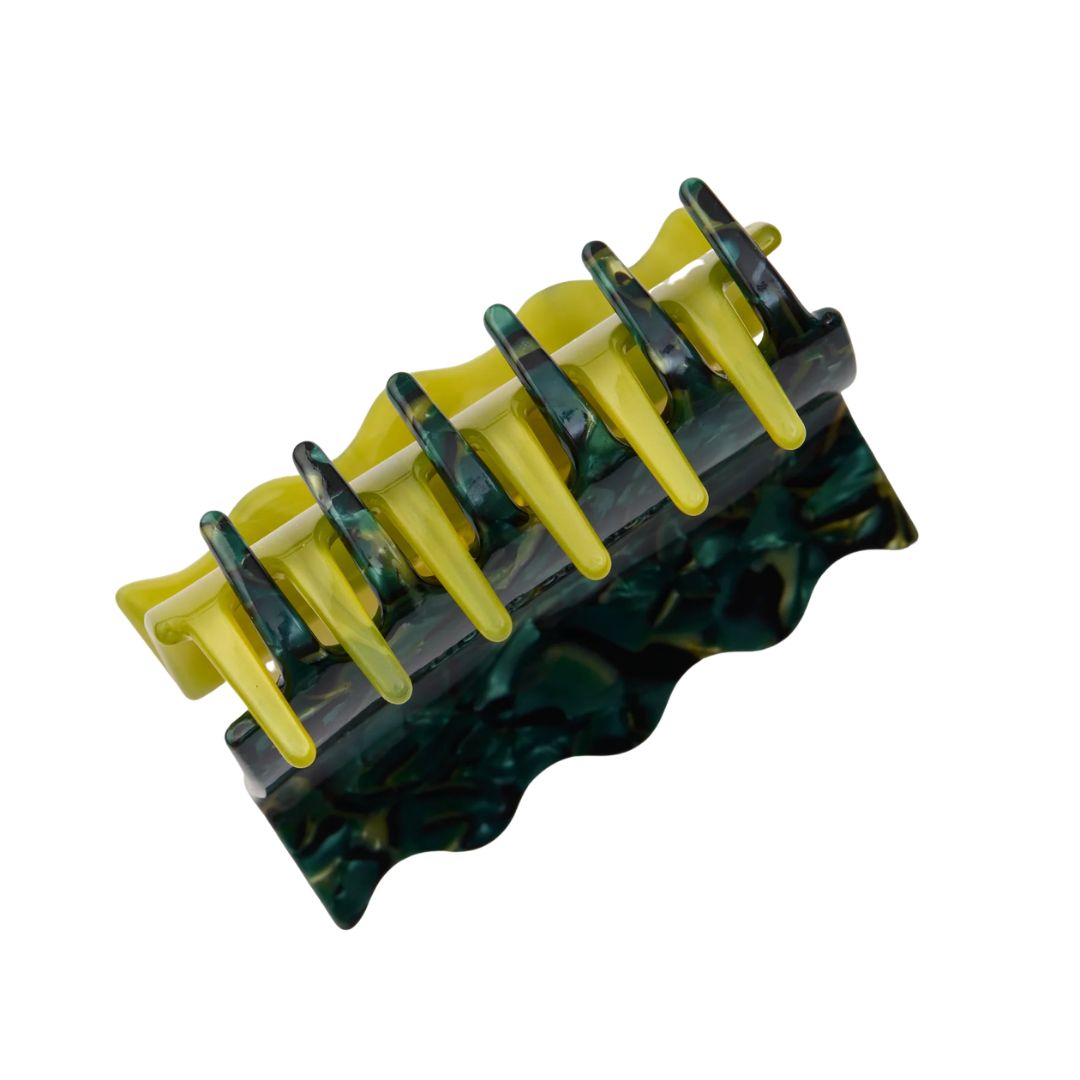 Bold claw clip contrasting chartreuse and emerald green tortoiseshell for a fun take on a classic
