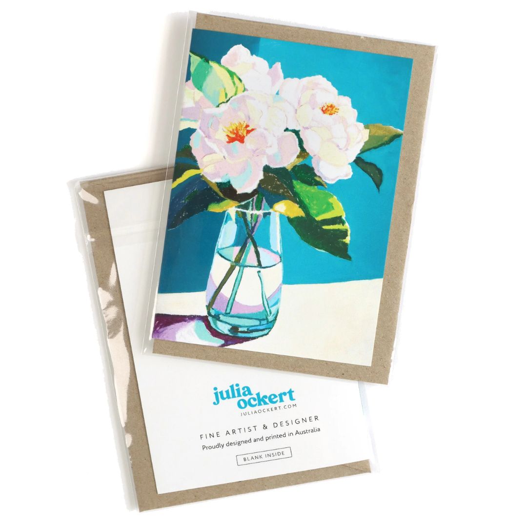 White Peony Flowers On Blue Greeting Card