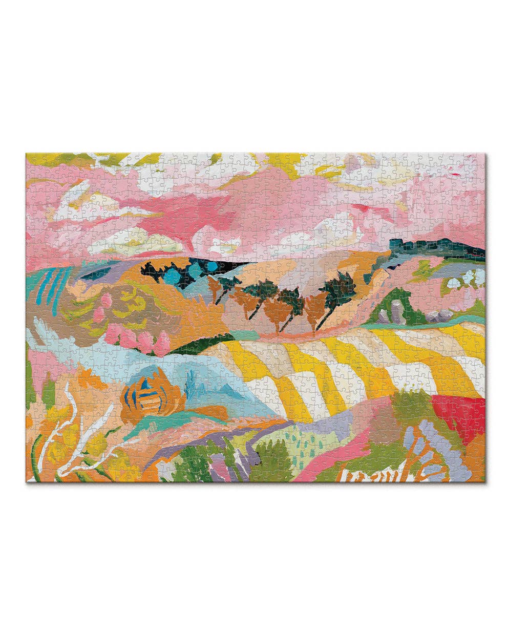 Puzzle featuring a colourful countryside landscape print.