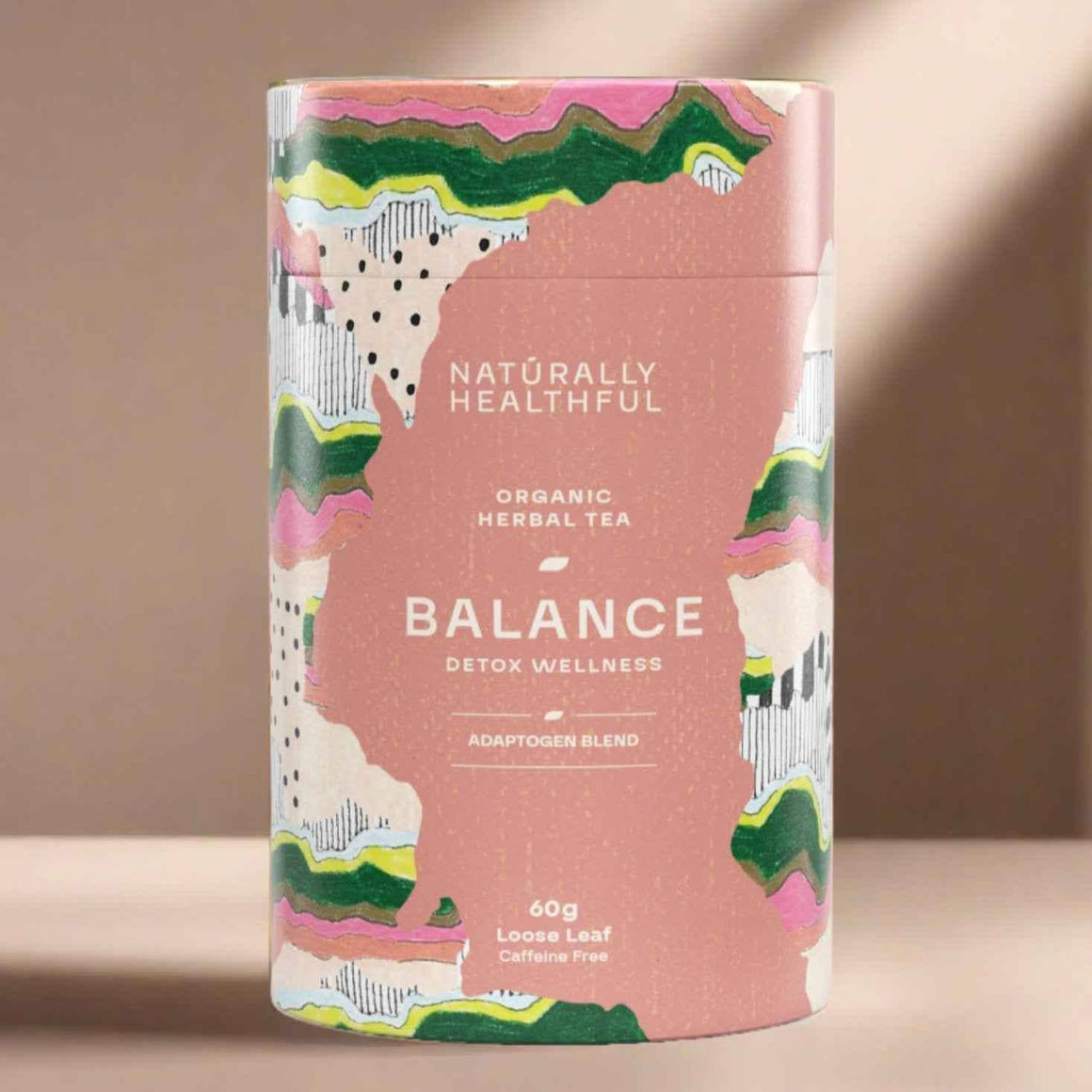 Art cannister with adaptogen blended herbal tea to promote balance,