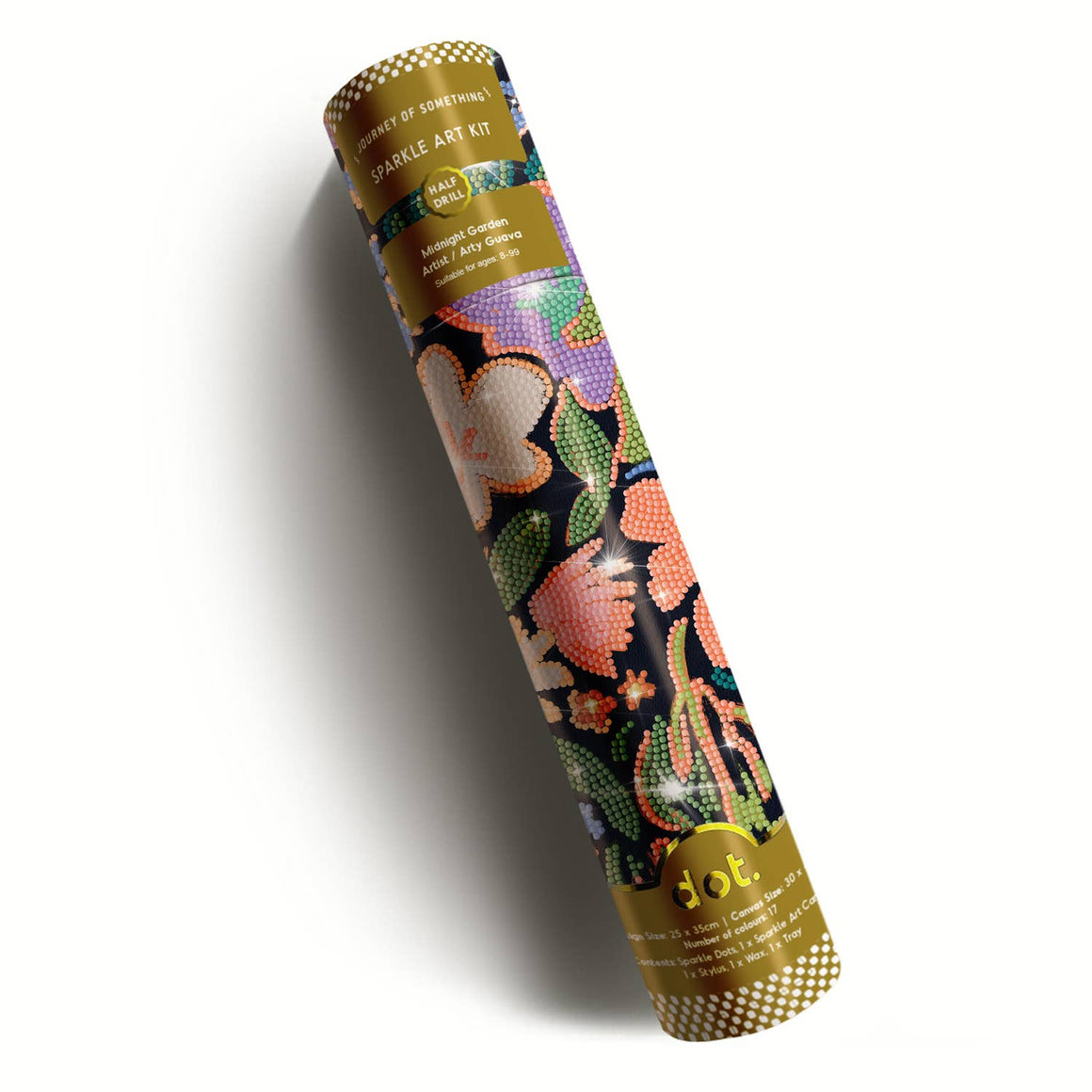 Cross-stitch kit with floral pattern, thread packets, and a partially completed design on a white background.