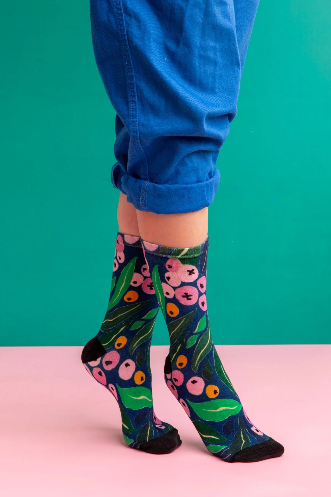 Liili Pilly socks by Julie White Featuring original hand drawn 'LILLY PILLY‘ print - This painterly, abstract print features rhythmic leaves and layered berries of the Lilly Pilly tree. Beaut!